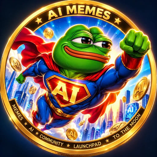 AI Memes coin: a green frog superhero with an AI emblem